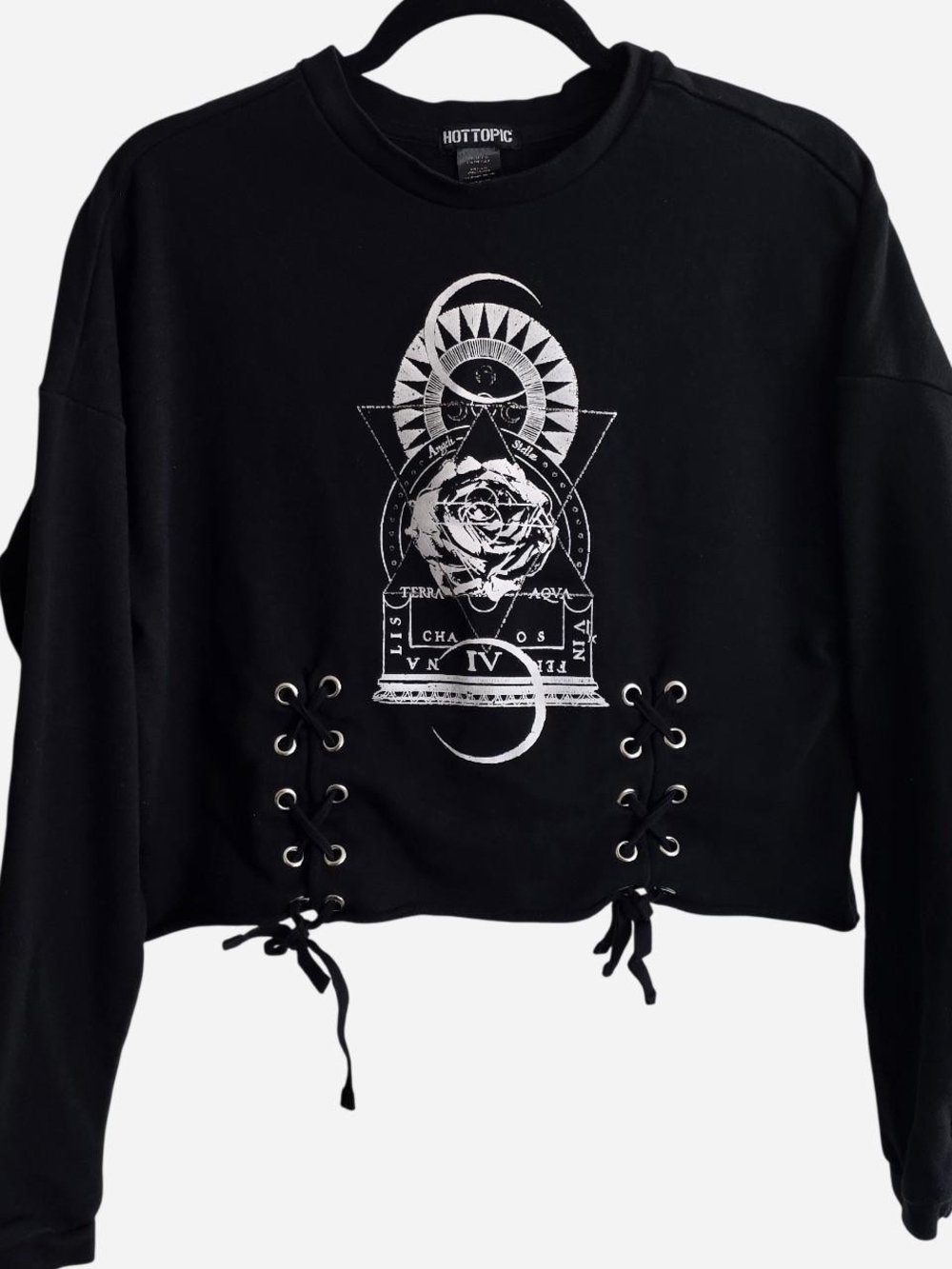 Hot Topic Black Lace-Up Cropped Graphic Sweatshirt
